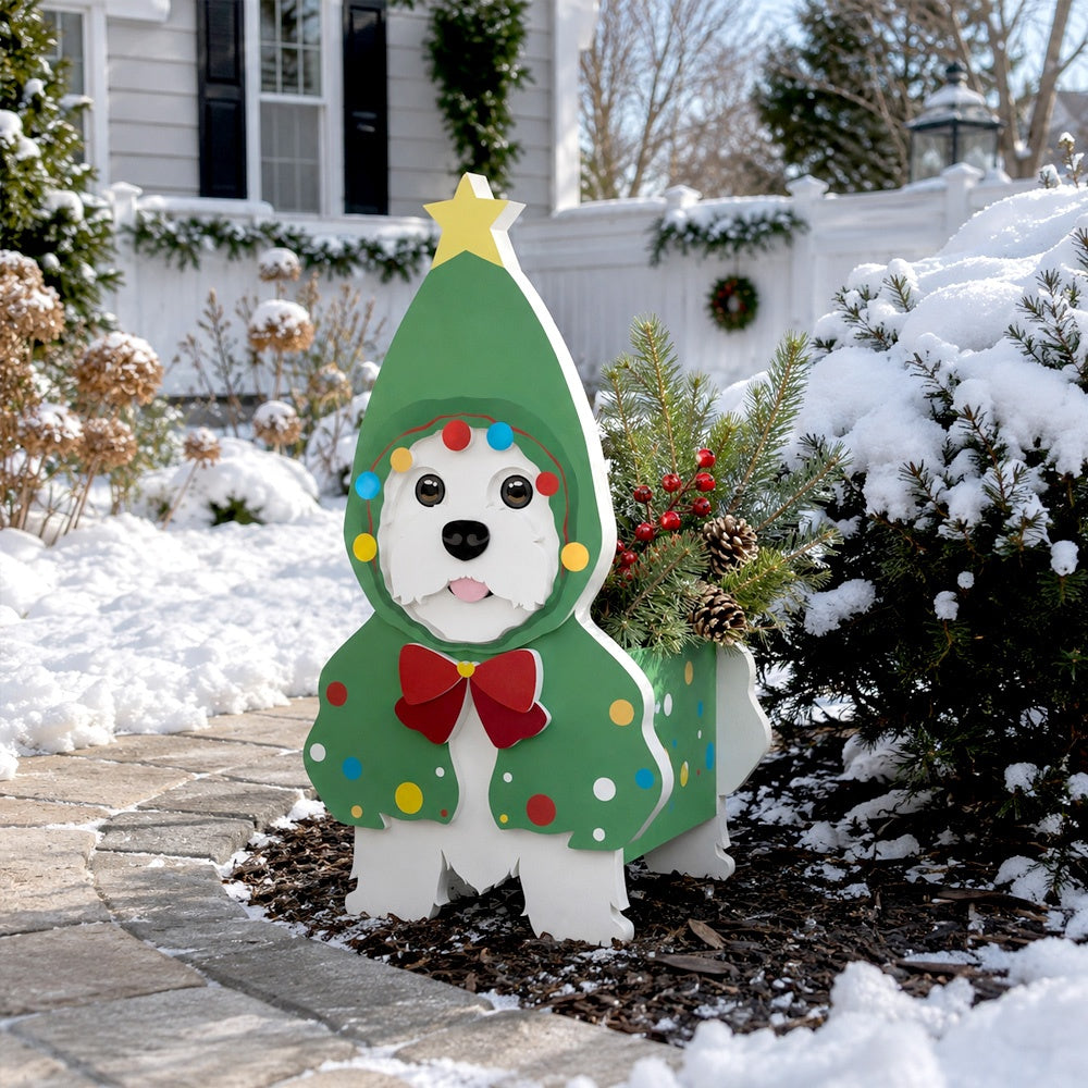 Christmas Doodle dog planter filled with fresh flowers is placed in the garden