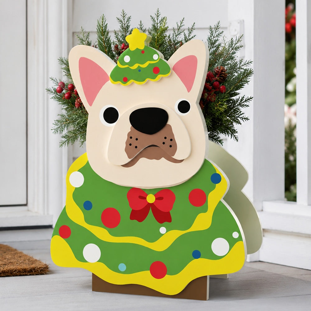Christmas French Bulldog planter filled with fresh flowers is placed in the garden