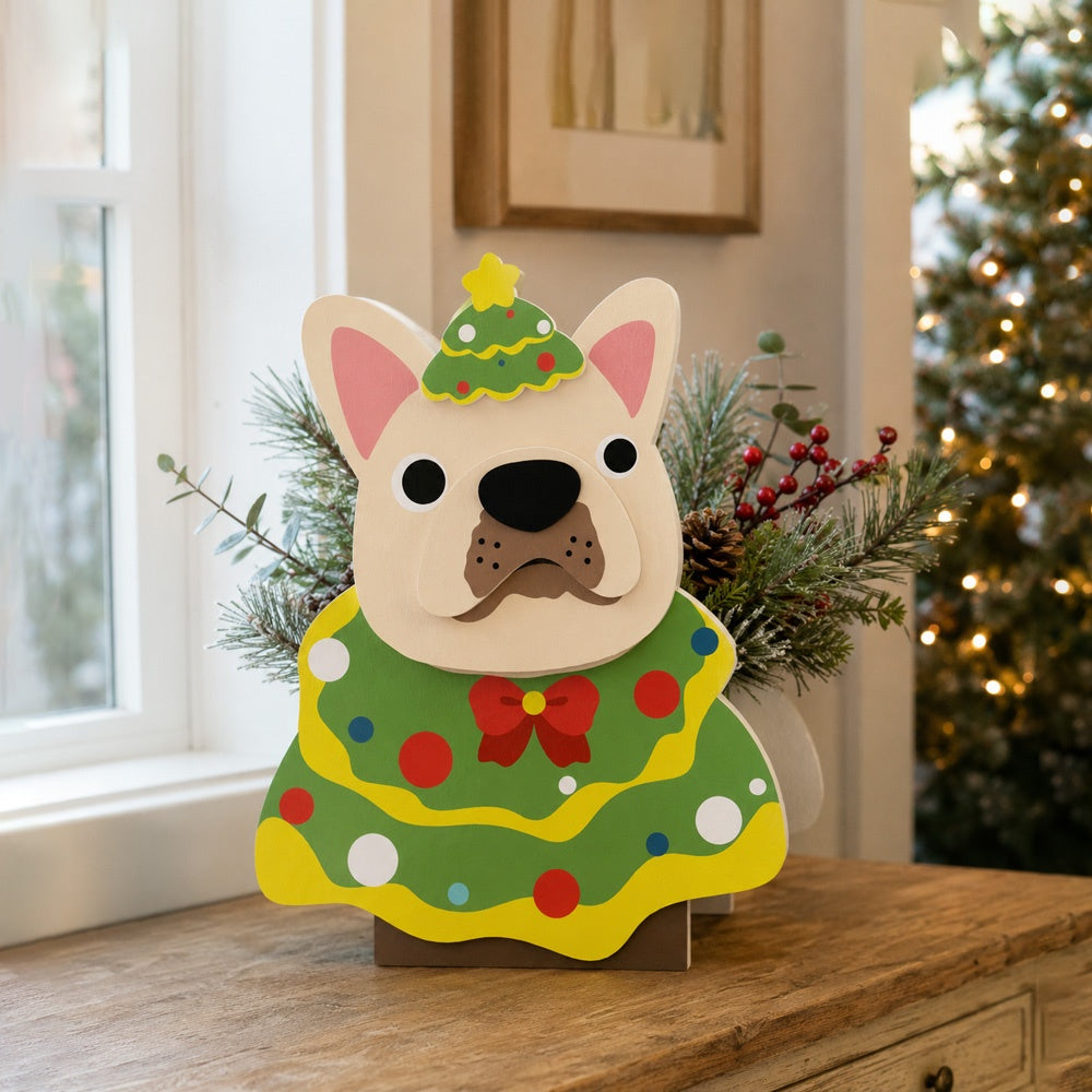 Christmas French Bulldog planter filled with fresh flowers is placed in the garden
