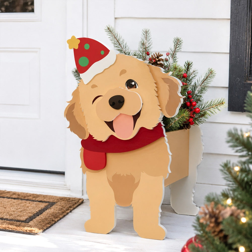 Christmas Golden Retriever dog planter filled with fresh flowers is placed in the garden