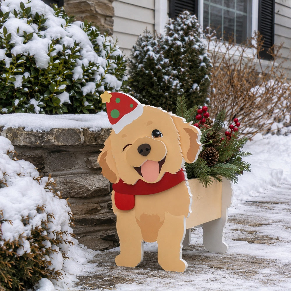 Christmas Golden Retriever dog planter filled with fresh flowers is placed in the garden