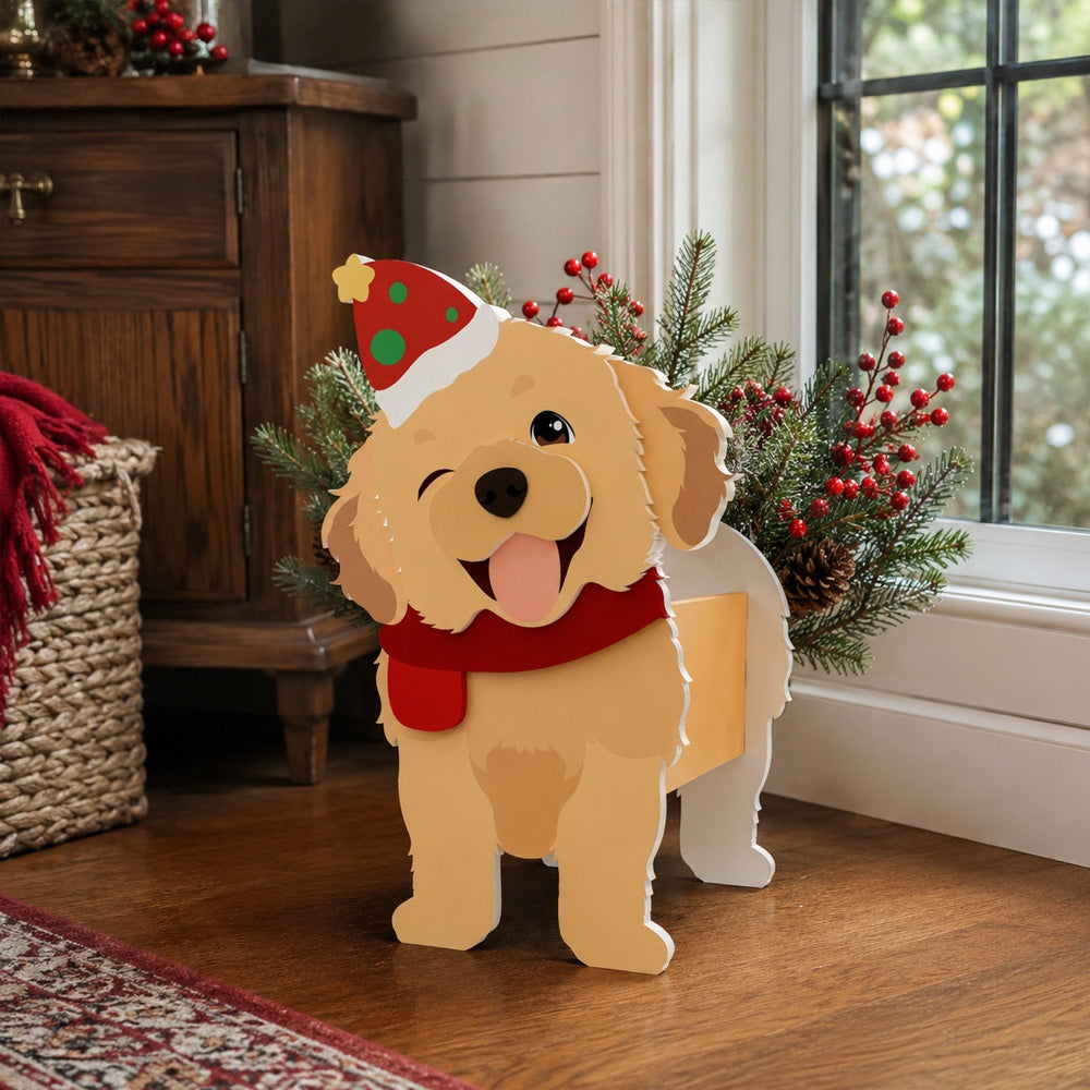 Christmas Golden Retriever dog planter filled with fresh flowers is placed in the garden