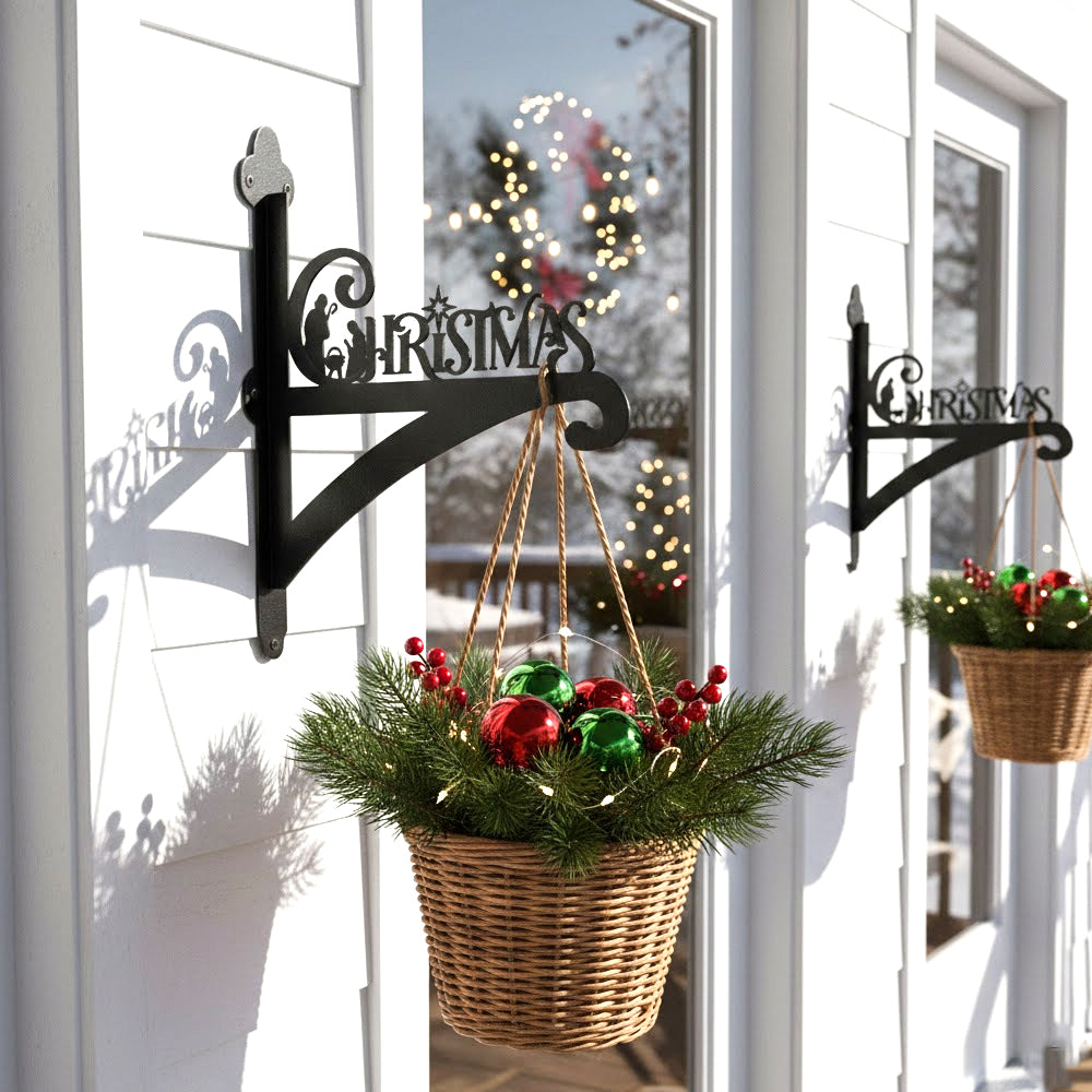 Christmas metal hanging basket bracket mounted on outdoor wall for plant decoration