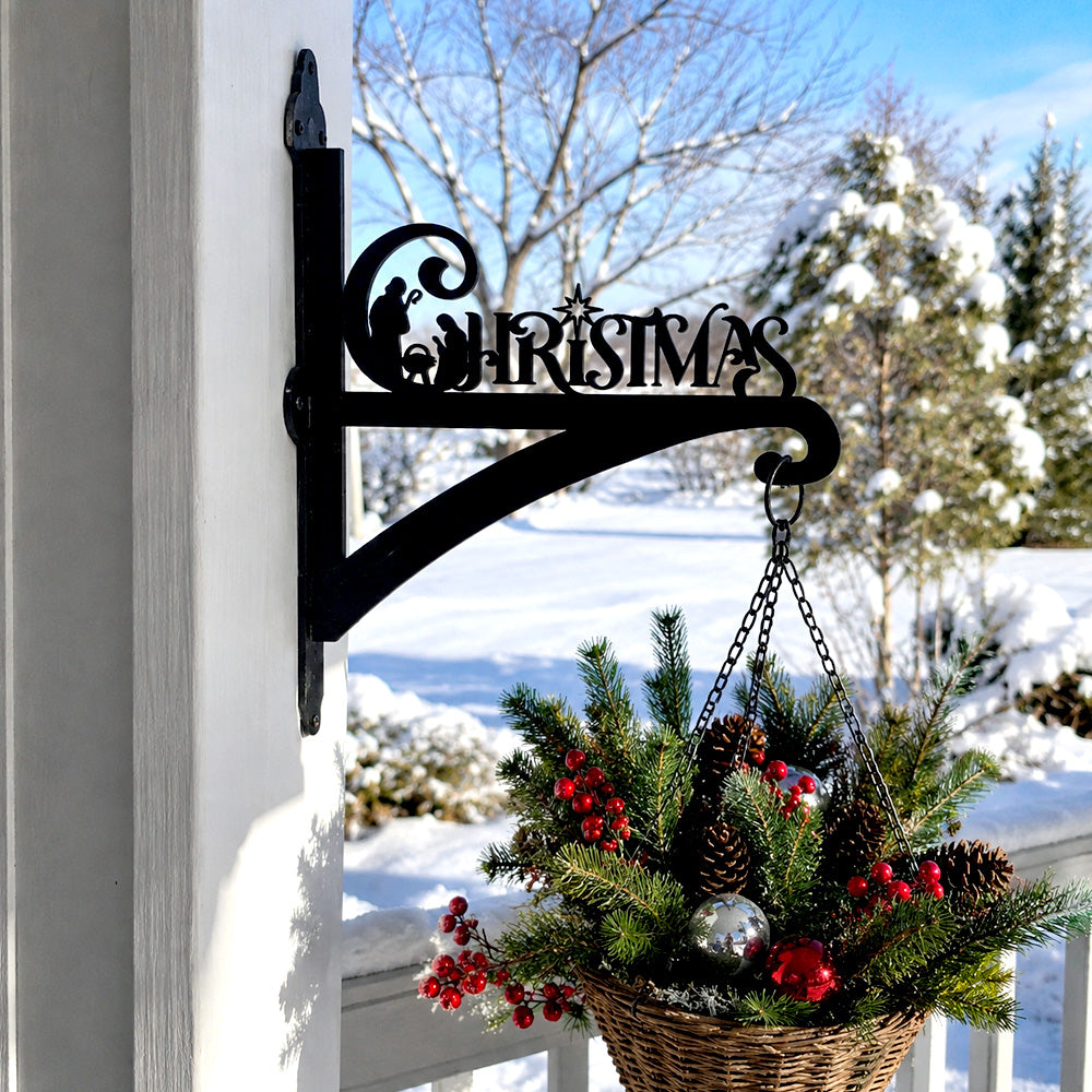 Christmas metal hanging basket bracket mounted on outdoor wall for plant decoration