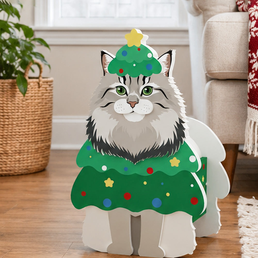 Christmas Maine Coon cat planter filled with fresh flowers is placed in the garden