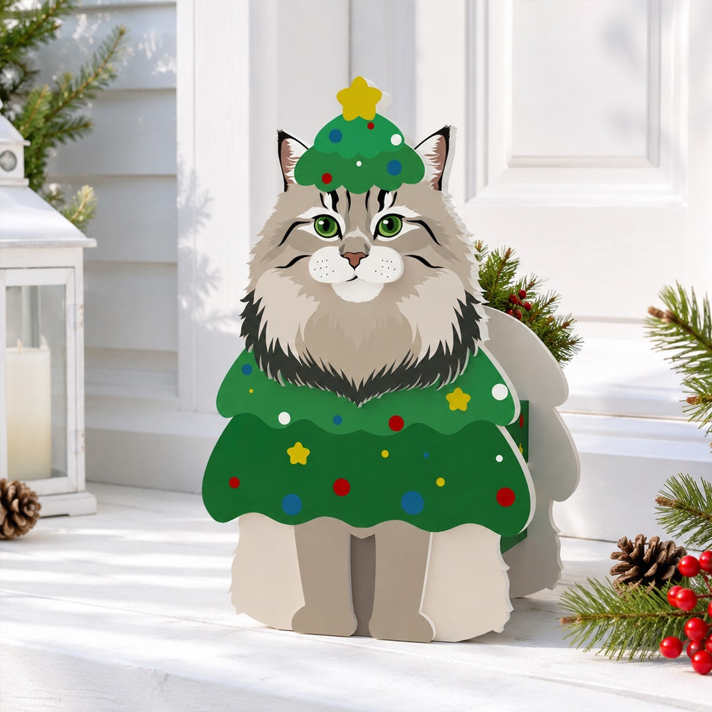 Christmas Maine Coon cat planter filled with fresh flowers is placed in the garden