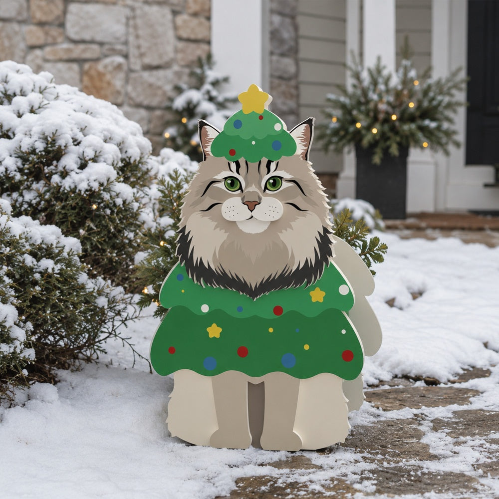 Christmas Maine Coon cat planter filled with fresh flowers is placed in the garden