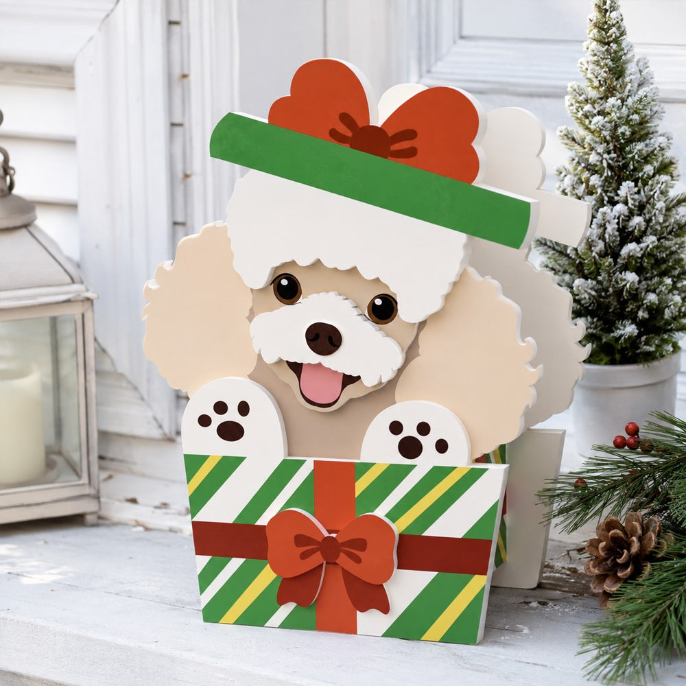 Christmas Poodle dog planter filled with fresh flowers is placed in the garden
