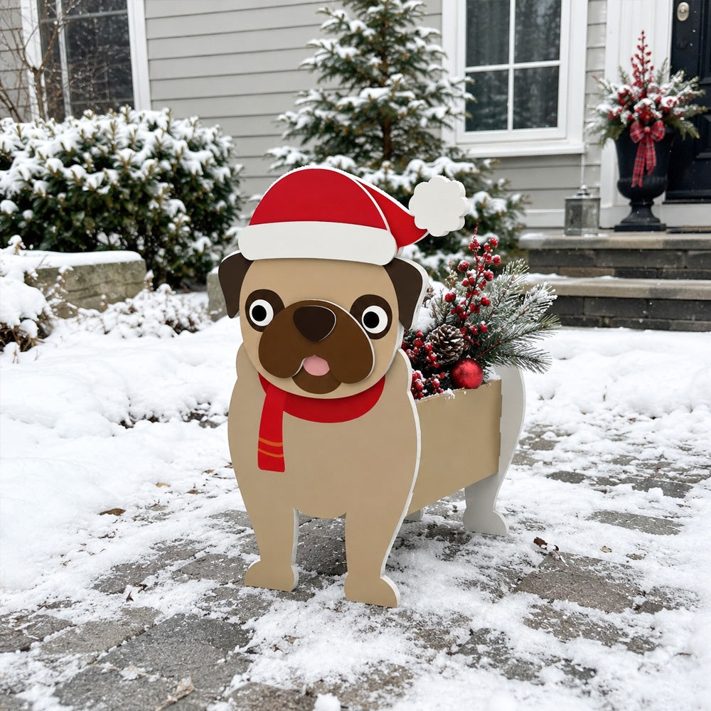Christmas Pug dog planter filled with fresh flowers is placed in the garden