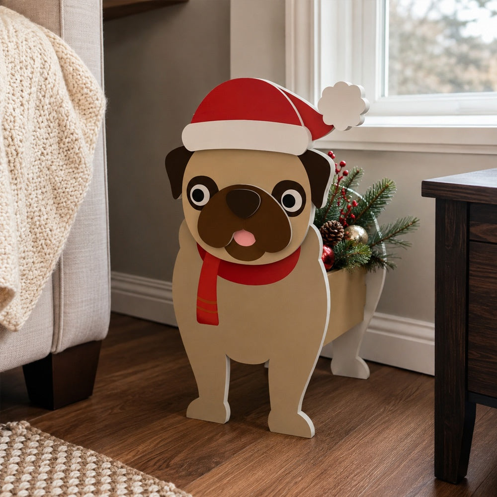 Christmas Pug dog planter filled with fresh flowers is placed in the garden