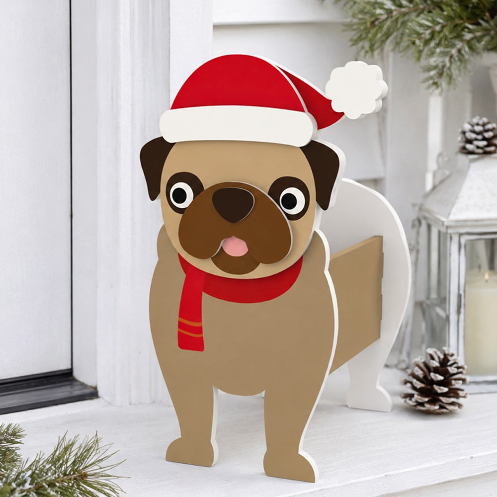 Christmas Pug dog planter filled with fresh flowers is placed in the garden