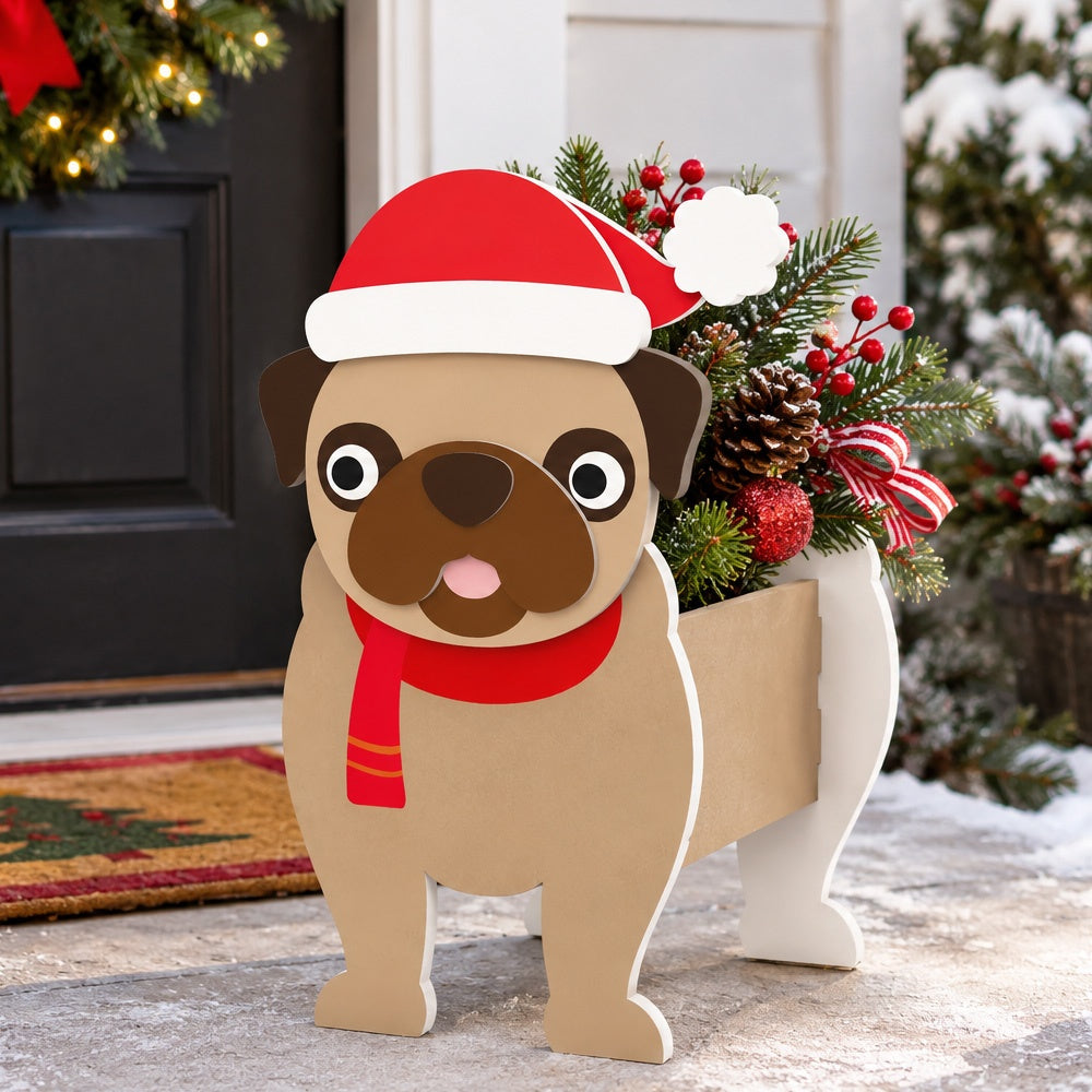 Christmas Pug dog planter filled with fresh flowers is placed in the garden