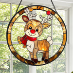 Christmas red nosed reindeer stained glass suncatcher window hanging, suitable for home and garden decoration