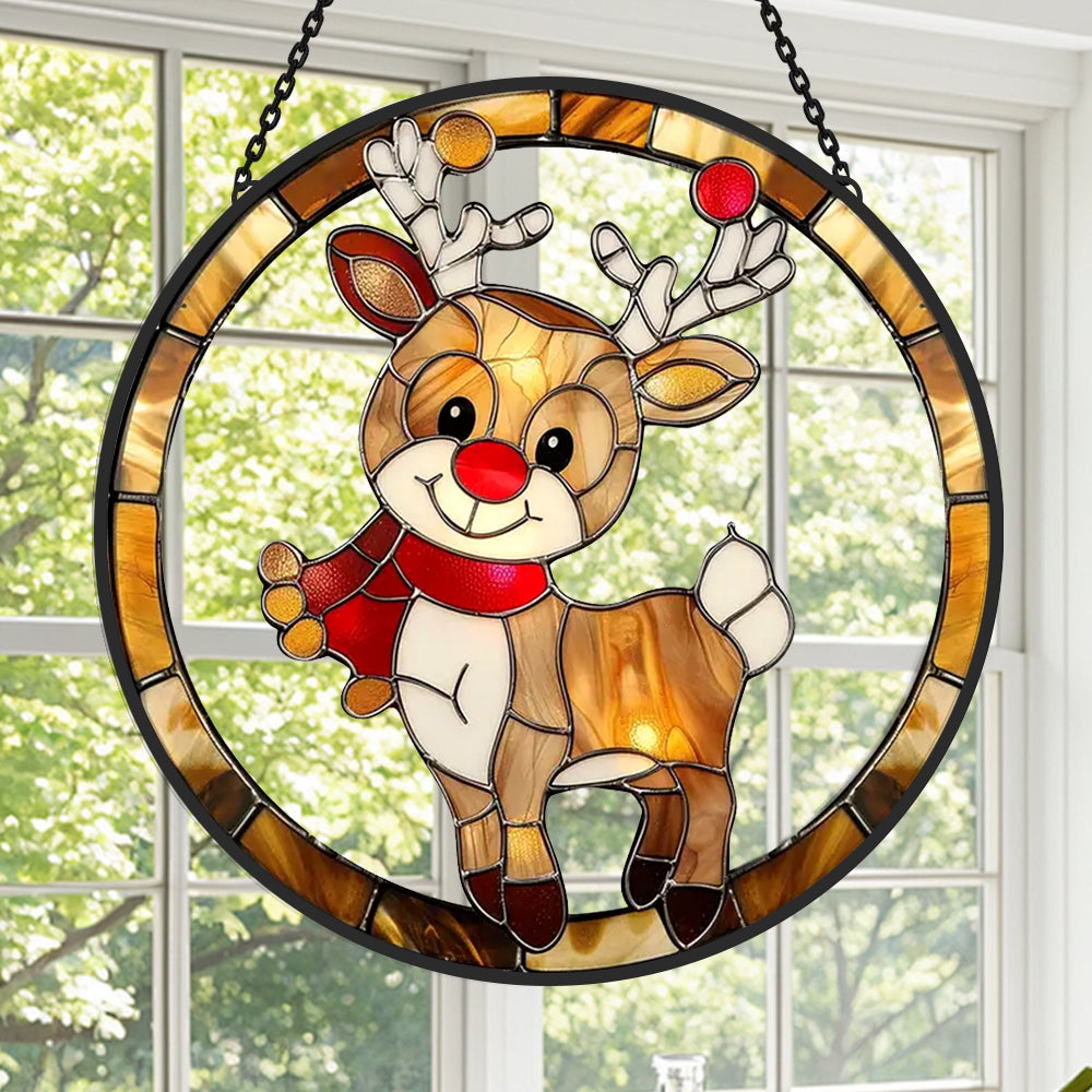 Christmas red nosed reindeer stained glass suncatcher window hanging, suitable for home and garden decoration