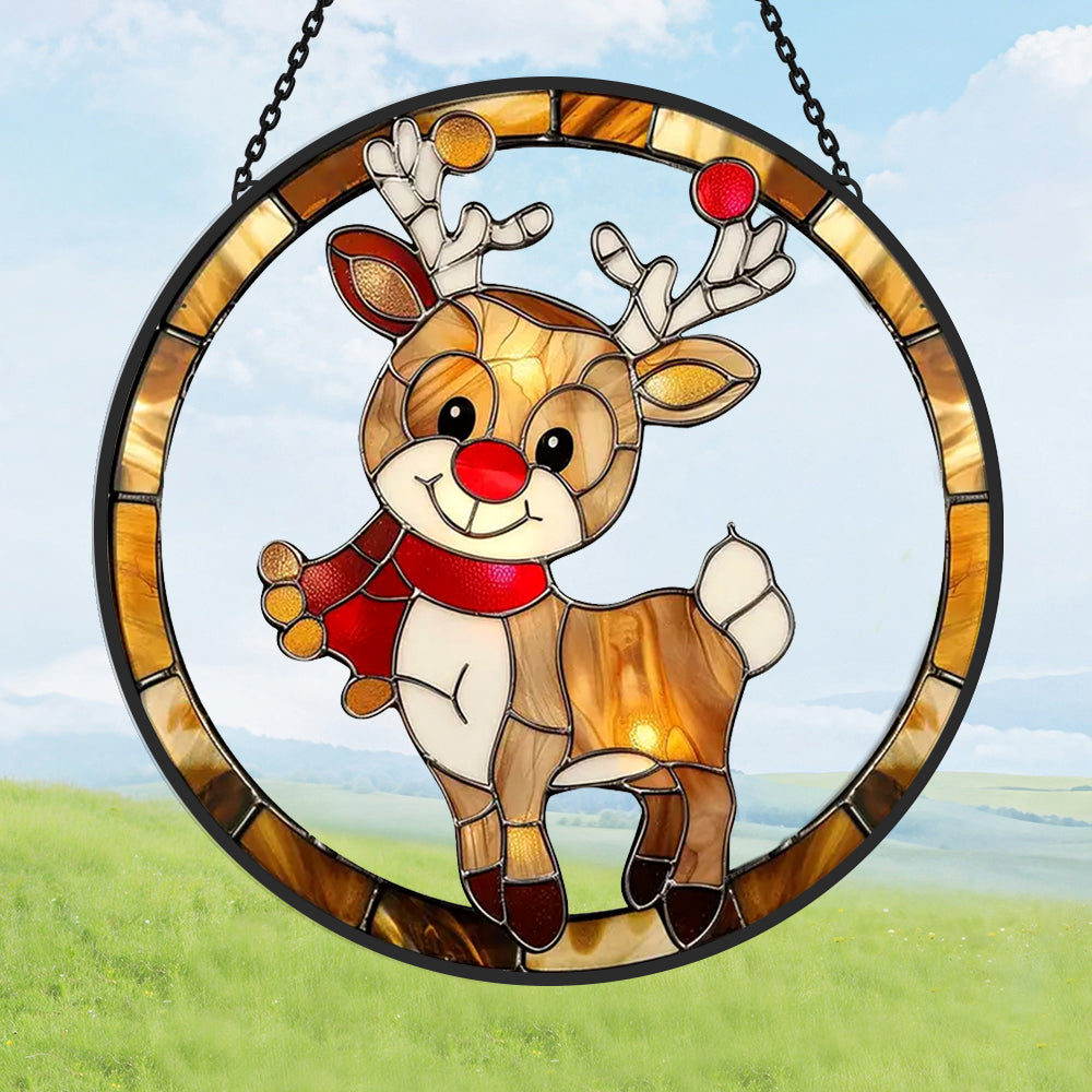 Christmas red nosed reindeer stained glass suncatcher window hanging, suitable for home and garden decoration