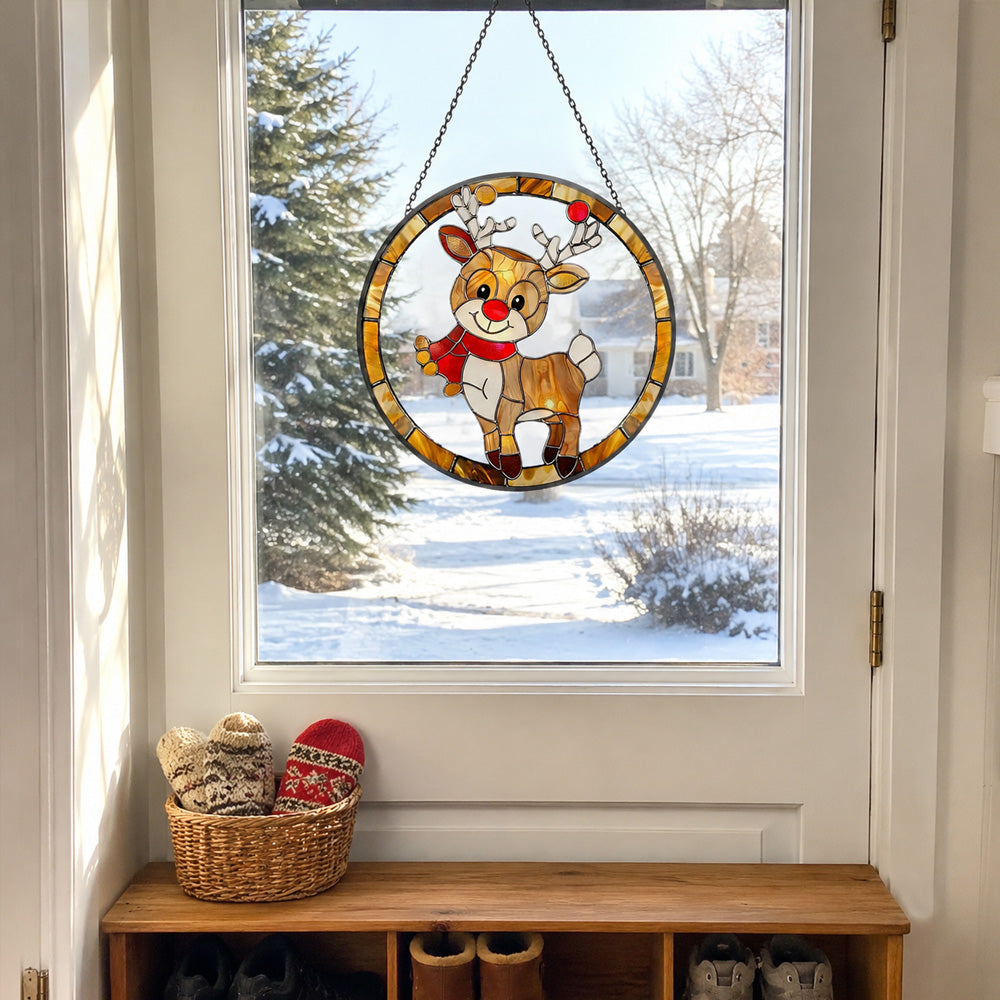 Christmas red nosed reindeer stained glass suncatcher window hanging, suitable for home and garden decoration