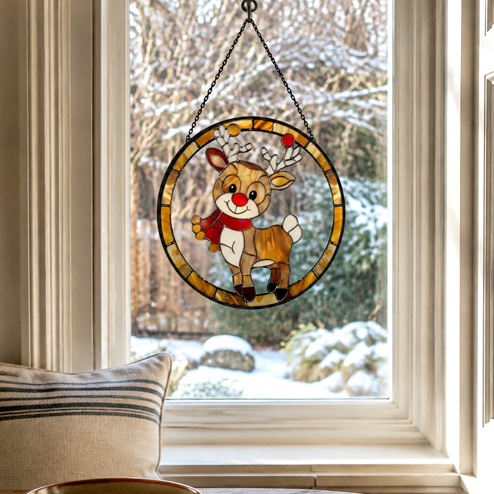 Christmas red nosed reindeer stained glass suncatcher window hanging, suitable for home and garden decoration