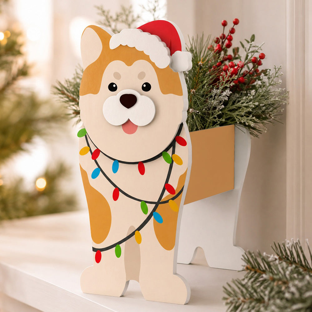 Christmas Shiba Inu dog planter filled with fresh flowers is placed in the garden