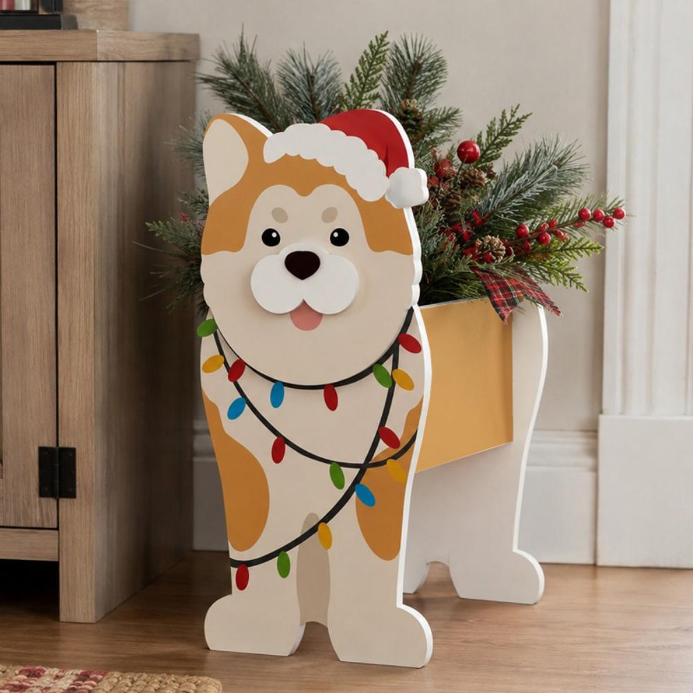 Christmas Shiba Inu dog planter filled with fresh flowers is placed in the garden
