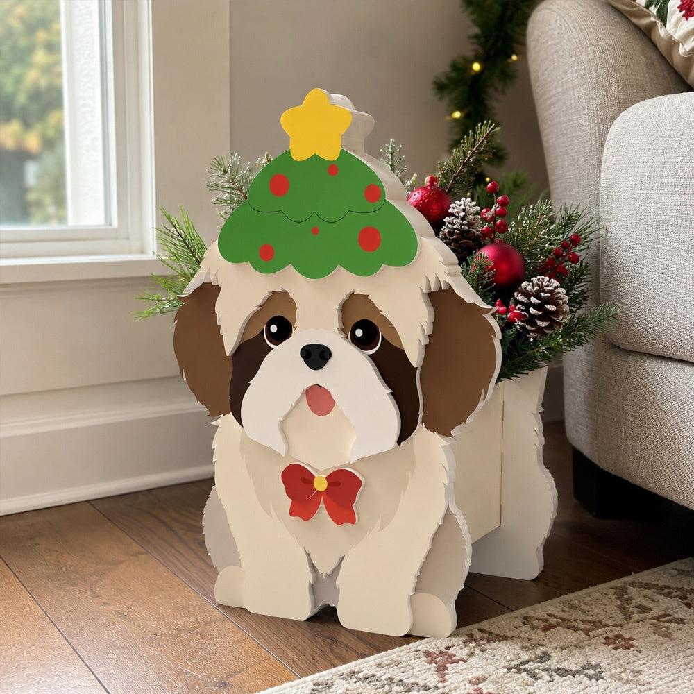 Christmas Shih Tzu dog planter filled with fresh flowers is placed in the garden