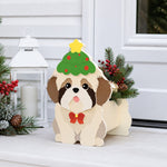 Christmas Shih Tzu dog planter filled with fresh flowers is placed in the garden