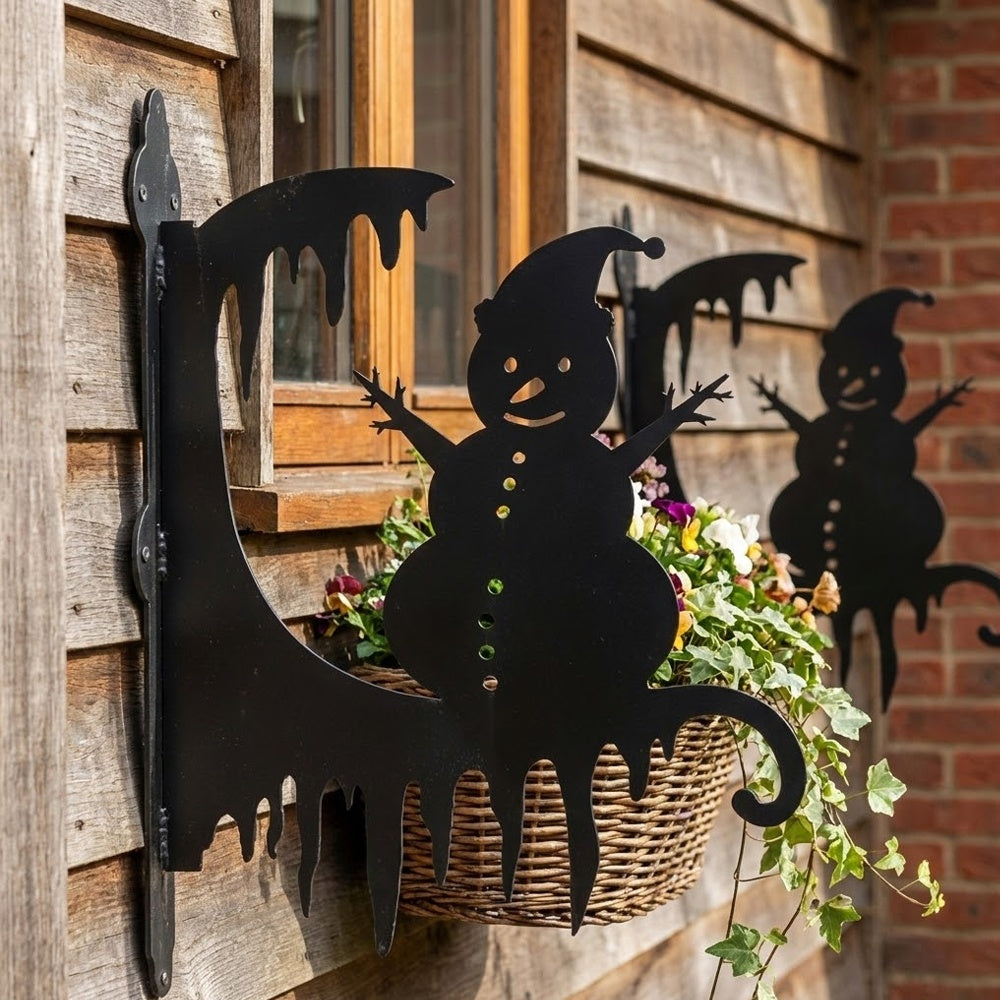 Christmas snowman metal hanging basket bracket mounted on outdoor wall for plant decoration
