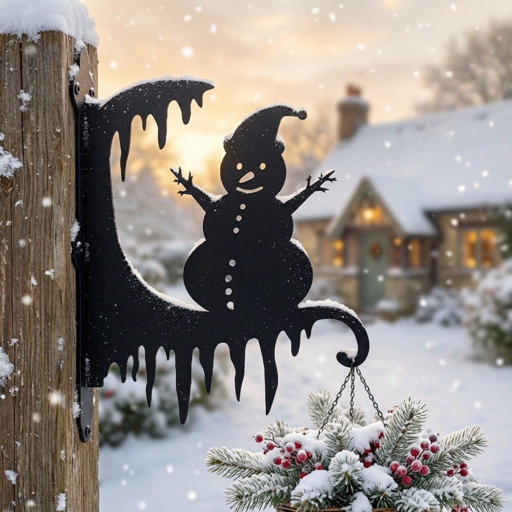 Christmas snowman metal hanging basket bracket mounted on outdoor wall for plant decoration