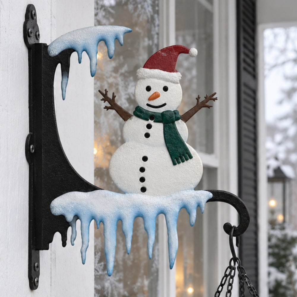 Christmas snowman metal hanging basket bracket mounted on outdoor wall for plant decoration