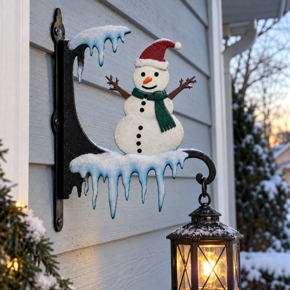 Christmas snowman metal hanging basket bracket mounted on outdoor wall for plant decoration