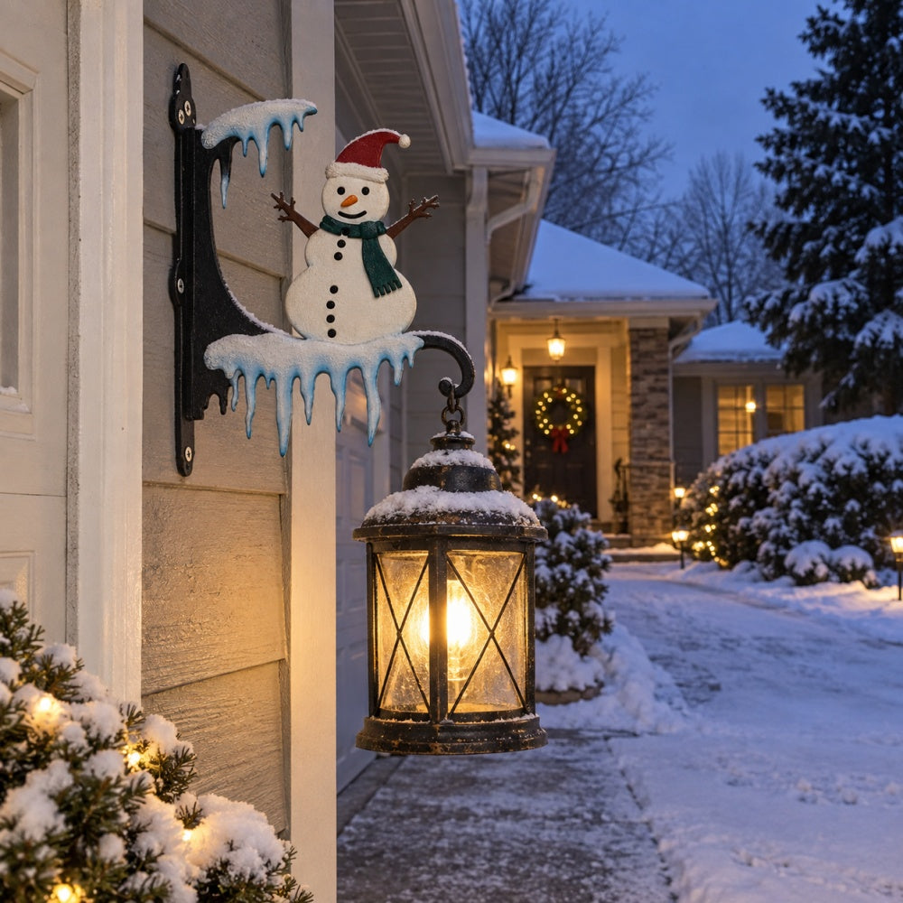 Christmas snowman metal hanging basket bracket mounted on outdoor wall for plant decoration