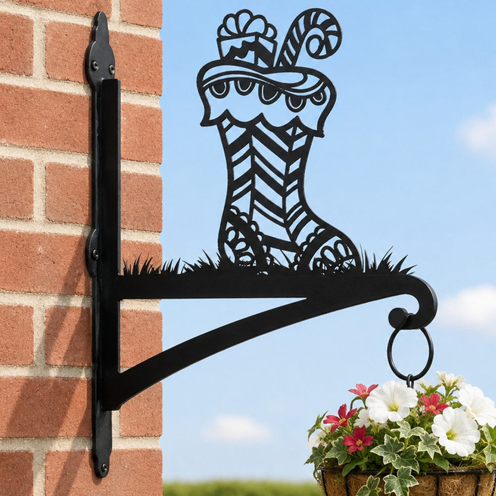 Christmas stocking metal hanging basket bracket mounted on outdoor wall for plant decoration