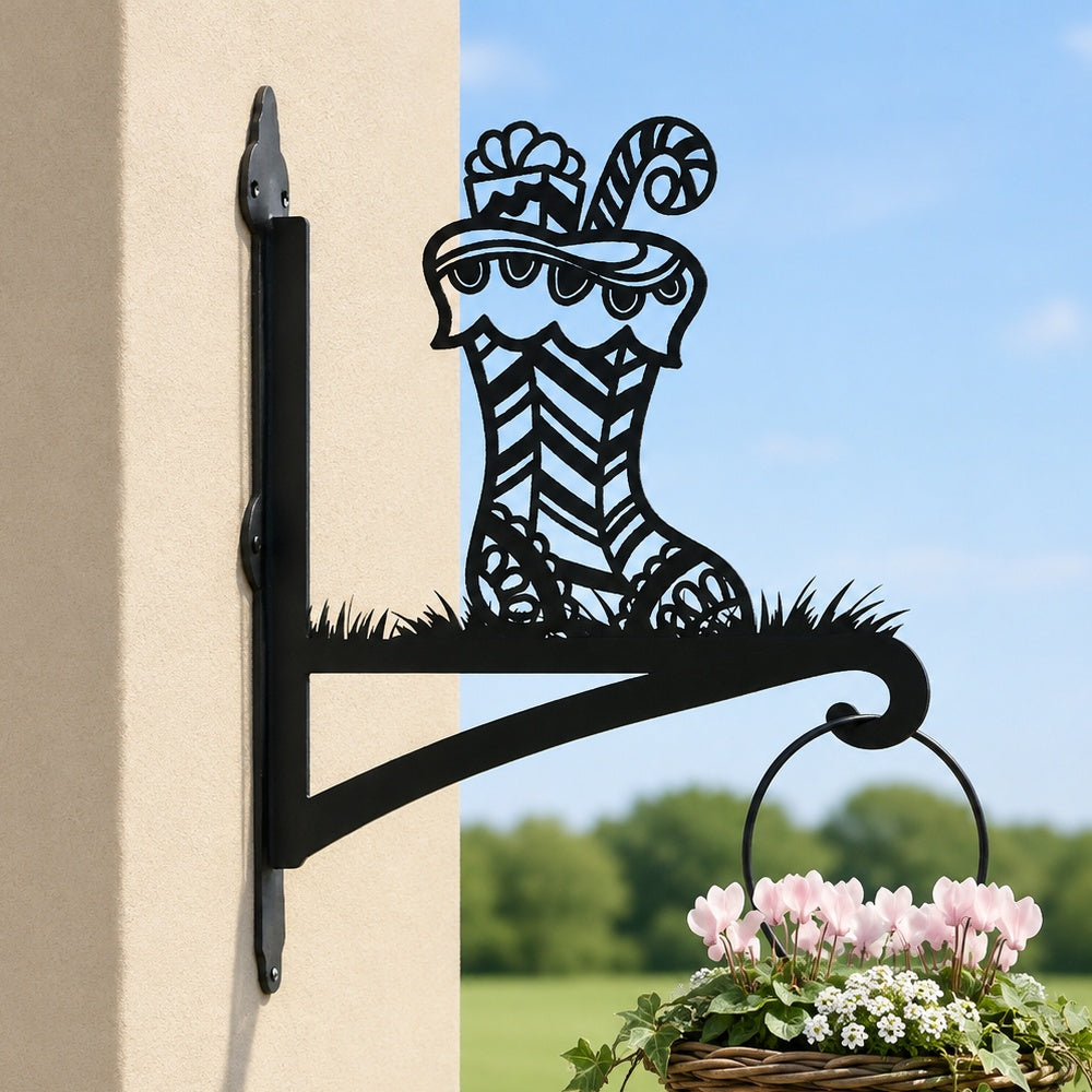 Christmas stocking metal hanging basket bracket mounted on outdoor wall for plant decoration