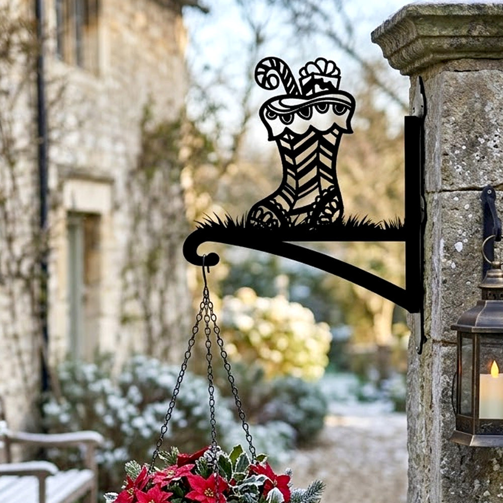 Christmas stocking metal hanging basket bracket mounted on outdoor wall for plant decoration