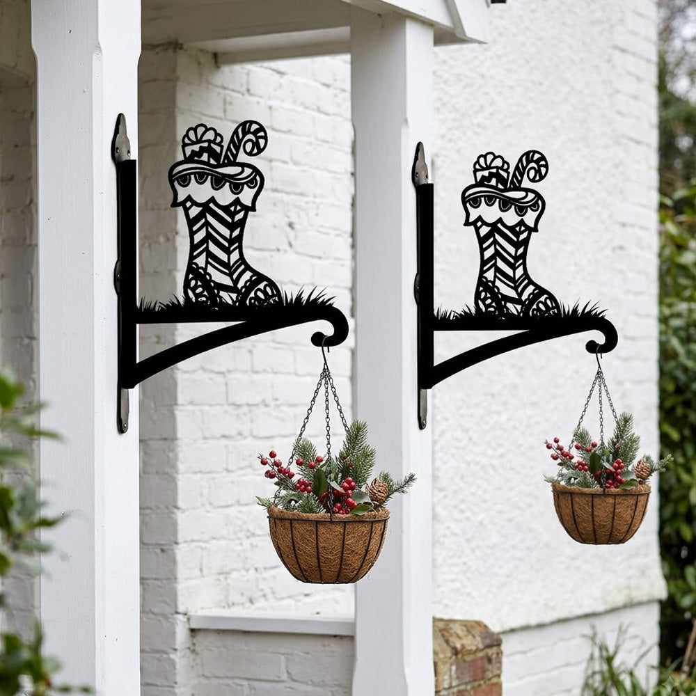 Christmas stocking metal hanging basket bracket mounted on outdoor wall for plant decoration