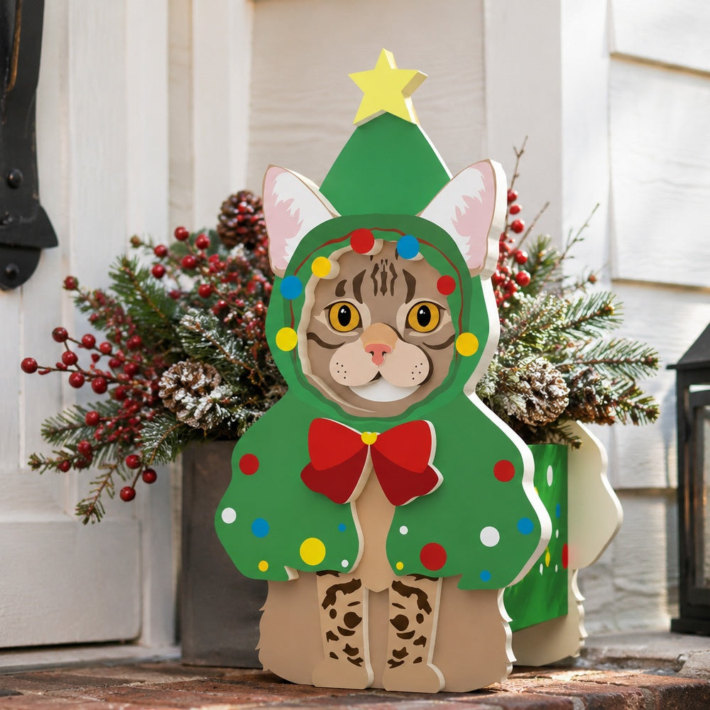 Christmas Tabby Cat planter filled with fresh flowers is placed in the garden