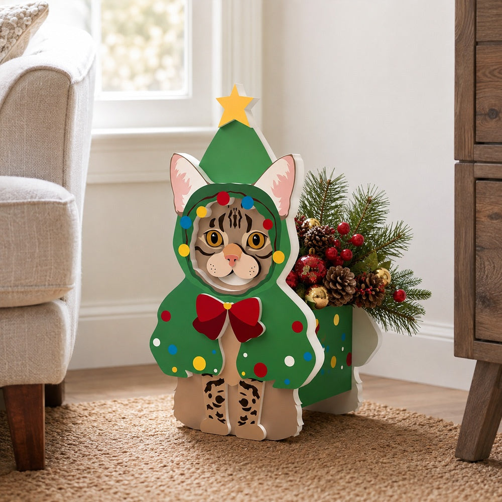 Christmas Tabby Cat planter filled with fresh flowers is placed in the garden