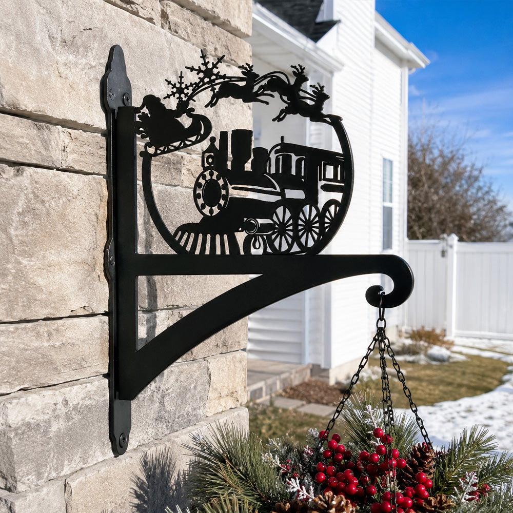 Christmas train metal hanging basket bracket mounted on outdoor wall for plant decoration
