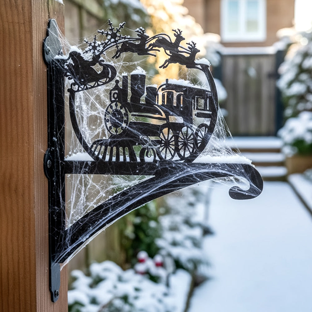 Christmas train metal hanging basket bracket mounted on outdoor wall for plant decoration