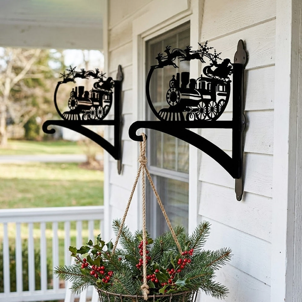 Christmas train metal hanging basket bracket mounted on outdoor wall for plant decoration