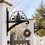 Christmas tree and reindeer metal hanging basket bracket mounted on outdoor wall for plant decoration