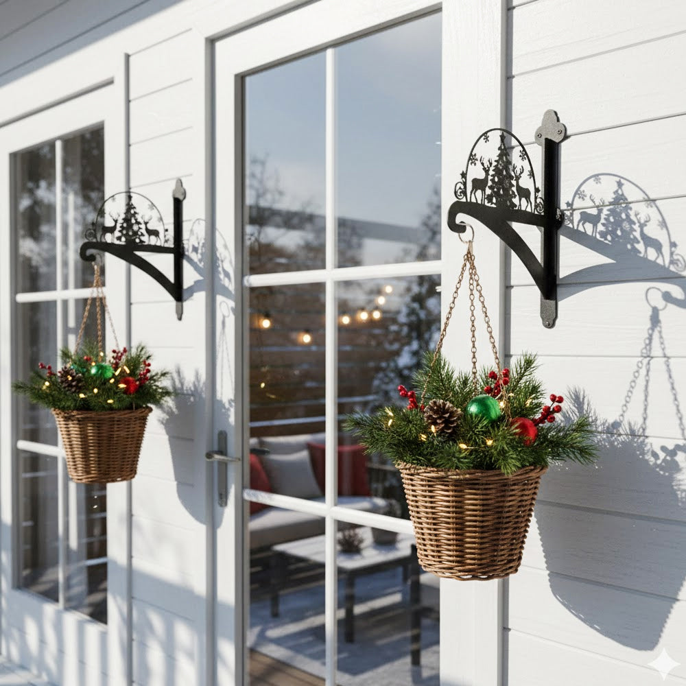 Christmas tree and reindeer metal hanging basket bracket mounted on outdoor wall for plant decoration