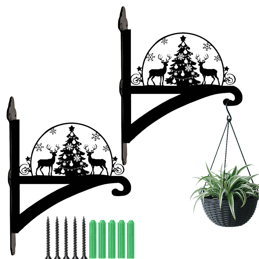 Christmas tree and reindeer metal hanging basket bracket mounted on outdoor wall for plant decoration