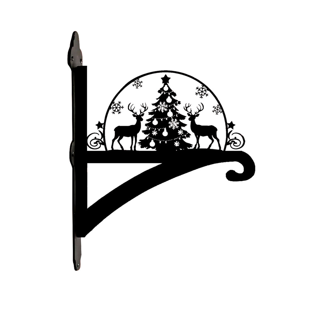 Christmas tree and reindeer metal hanging basket bracket mounted on outdoor wall for plant decoration