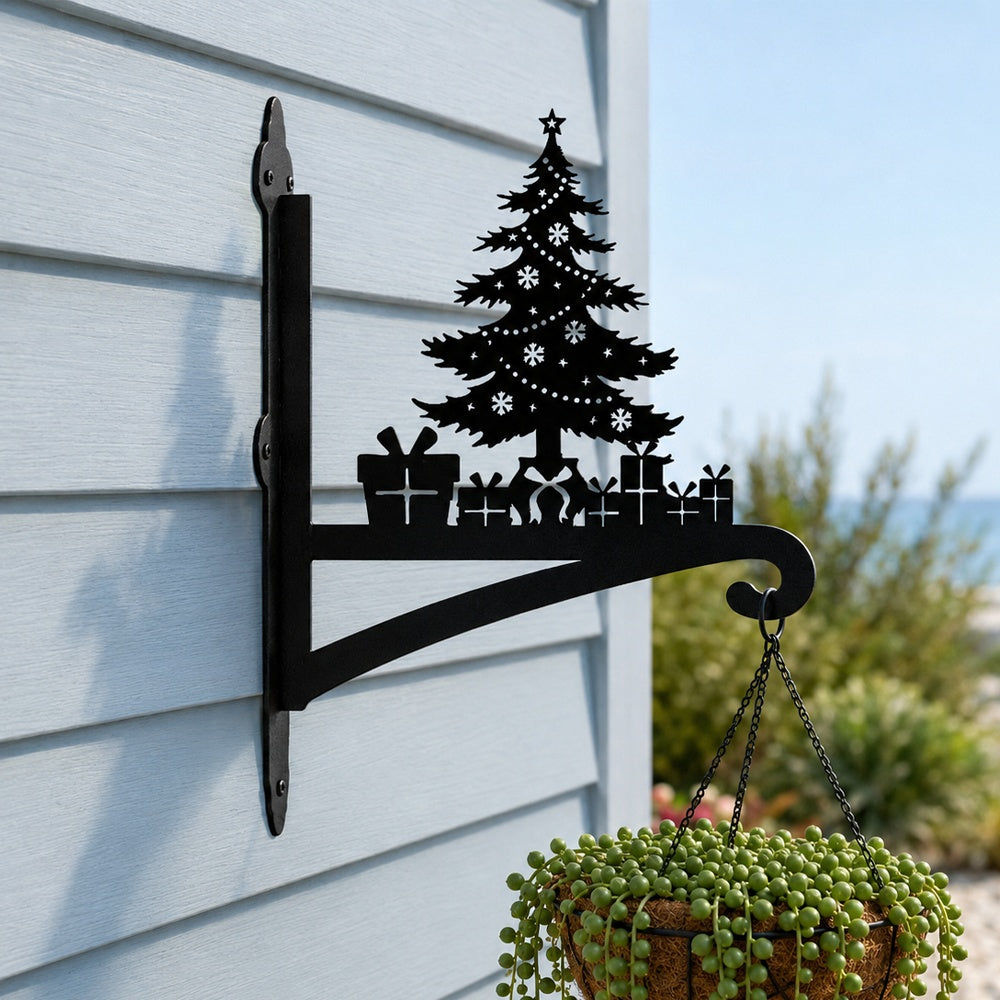 Christmas tree metal hanging basket bracket mounted on outdoor wall for plant decoration