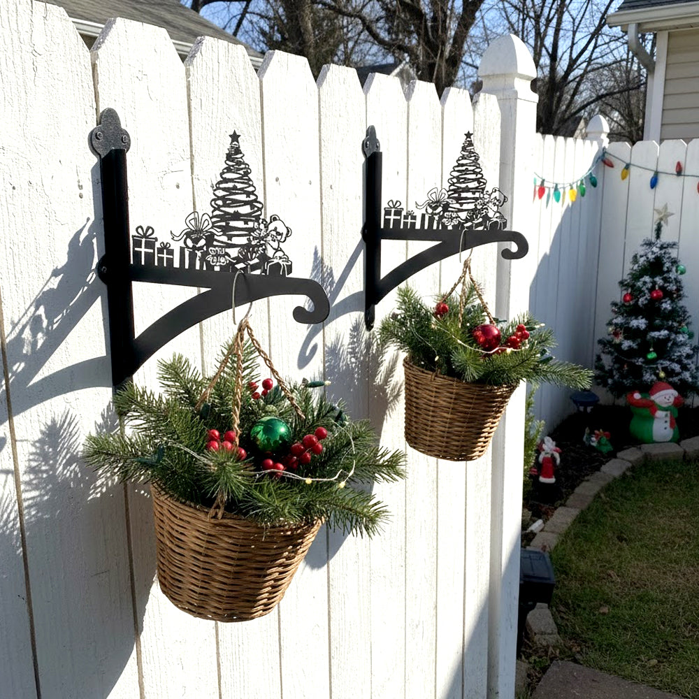 Christmas tree metal hanging basket bracket mounted on outdoor wall for plant decoration