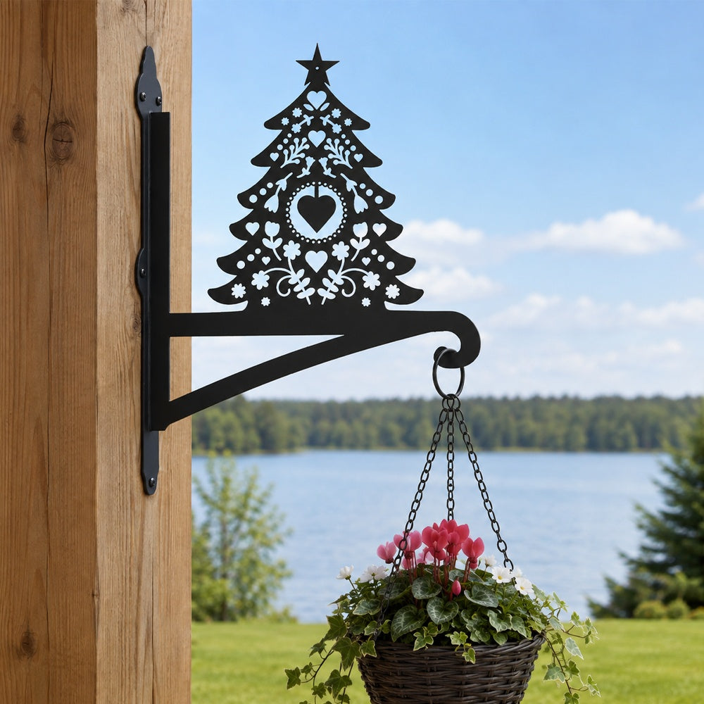 Christmas tree metal hanging basket bracket mounted on outdoor wall for plant decoration