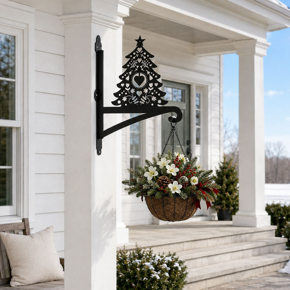 Christmas tree metal hanging basket bracket mounted on outdoor wall for plant decoration