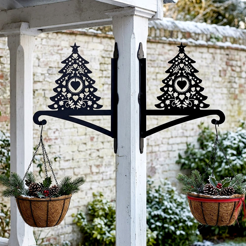 Christmas tree metal hanging basket bracket mounted on outdoor wall for plant decoration