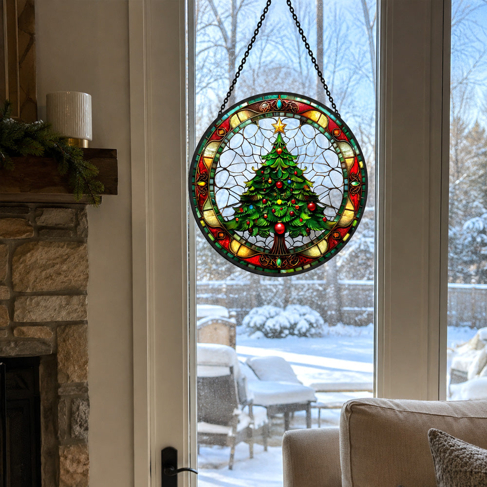 Christmas tree stained glass suncatcher window hanging, suitable for home and garden decoration