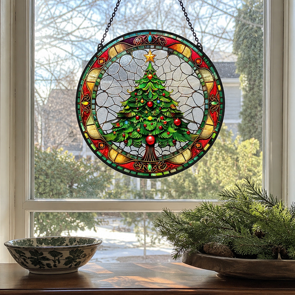 Christmas tree stained glass suncatcher window hanging, suitable for home and garden decoration